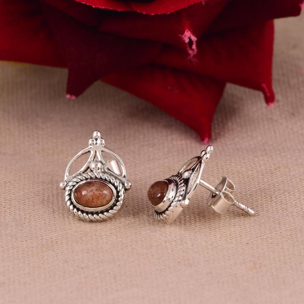 Sunstone Stud Earrings 6x4mm | Sterling Silver Gemstone Earrings | Boho Everyday Studs | Handmade Jewelry Gift for Her