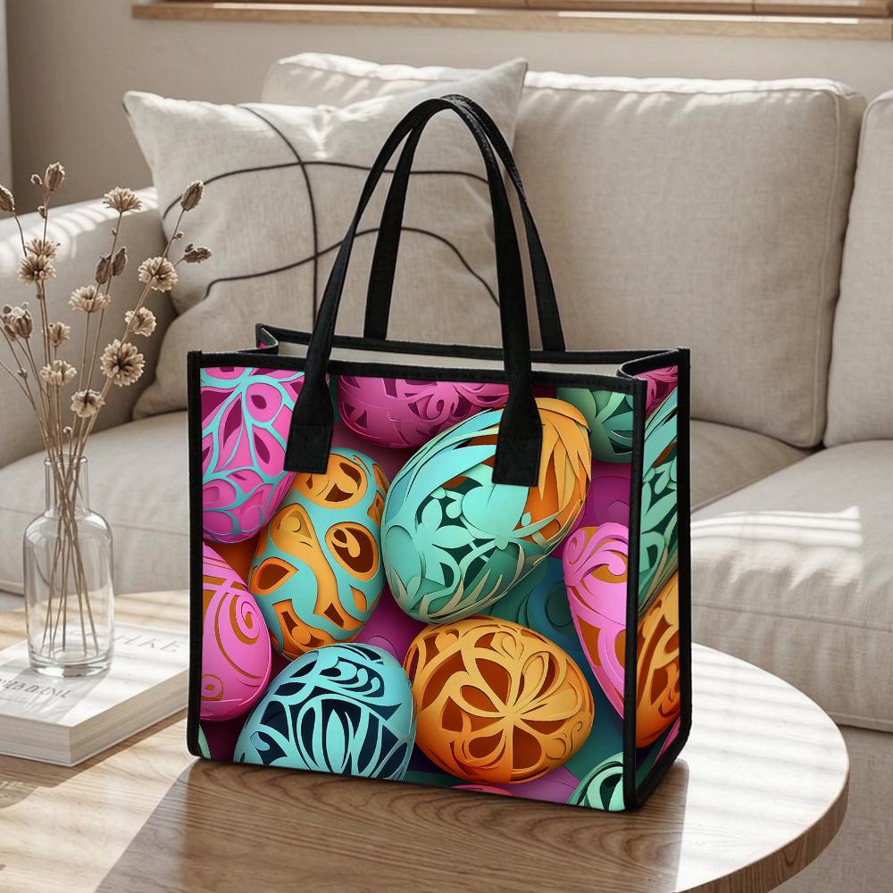 Easter Egg Printed Tote Bag Casual Large Capacity Handbag for Daily Shopping Travel Use
