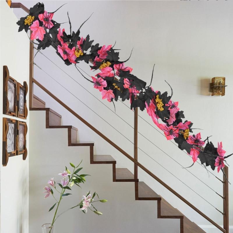 Flexible Artificial Maples Leaf Stem Halloween Decoration Black Silk Leaves for Fireplaces and Window Displays