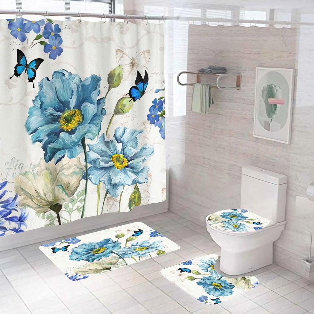 Butterfly Big Flower Blue Watercolor Flower Broken Flower Bathroom Shower Curtain Set Bath Mats Rugs Toilet Lid Cover Rugs Decor