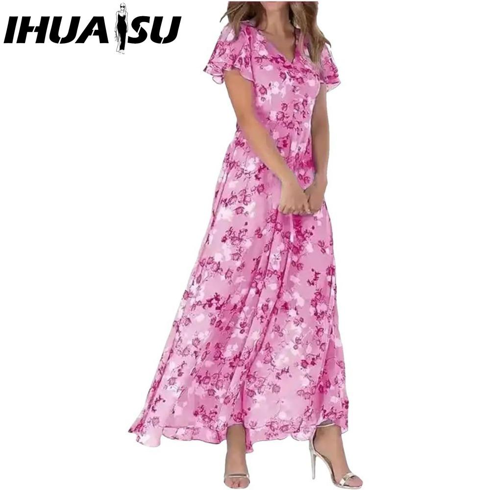 

IHUASU 6 цветов Макси-платье с V-образным вырезом и оборками, с короткими рукавами, приталенное по талии, с высокой талией, с летящим подолом, милое цветочное шифоновое платье, женская одежда XXL розы красного