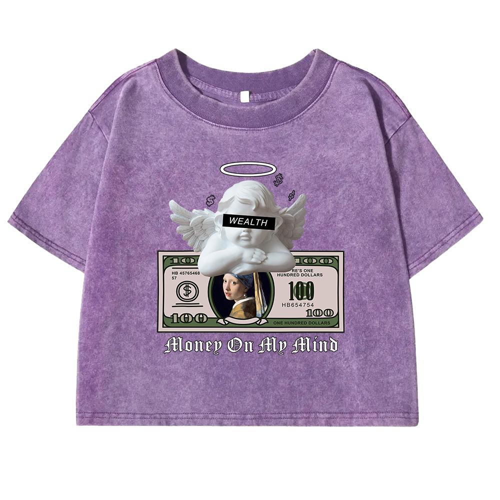 Angels And Money Creative Pattern Print Washed T-Shirt Female Street Cotton Tee Shirts Casual Crop Top For Woman