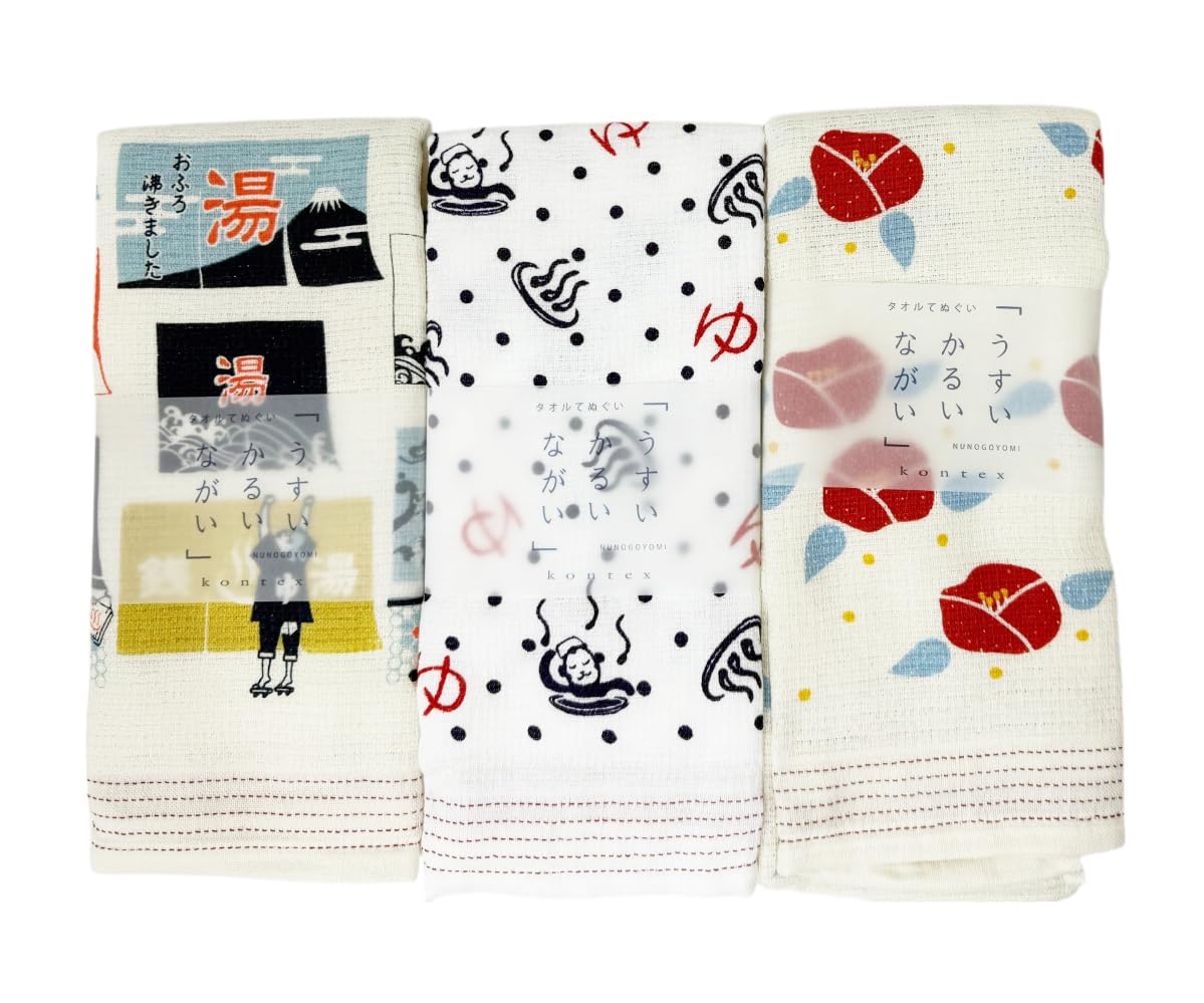 

Kontex (Contex) 3-Piece Tenugui Towel Set, Face Towel, Cloth Calendar (Yunoren Curtain, Hot Spring Strainer, and Red Camellia)