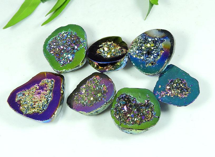 24-26 MM Rainbow Titanium Aura Agate Druzy Fancy Loose Gemstone 07 Pcs Lot SY-102