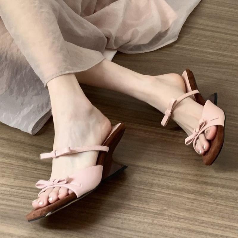 

Туфли-мюли на низком каблуке Летние лучшие уличные женские туфли с квадратным носком и открытым носком с бантом на ремешках Женские 40