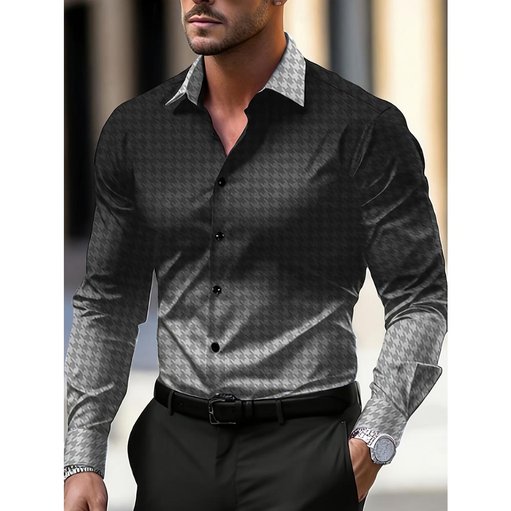 Men's Trendy Geometric 3D Line Print Long-Sleeved Shirt Men's Button up Shirt Casual Fashion Male White Shirt Lapel Shirt Tops