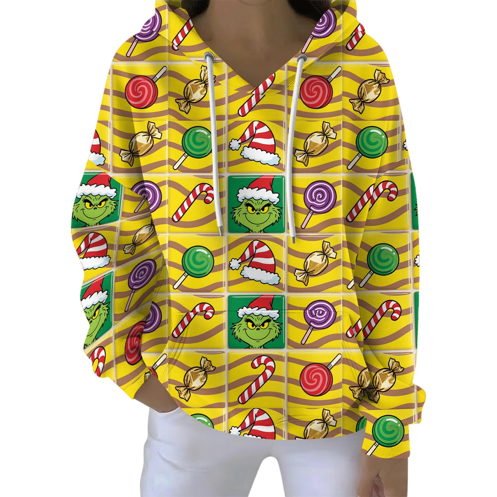 

Женский свободный и удобный свитшот с V-образным вырезом на кулиске, с длинными рукавами и рождественским принтом XL жёлтый