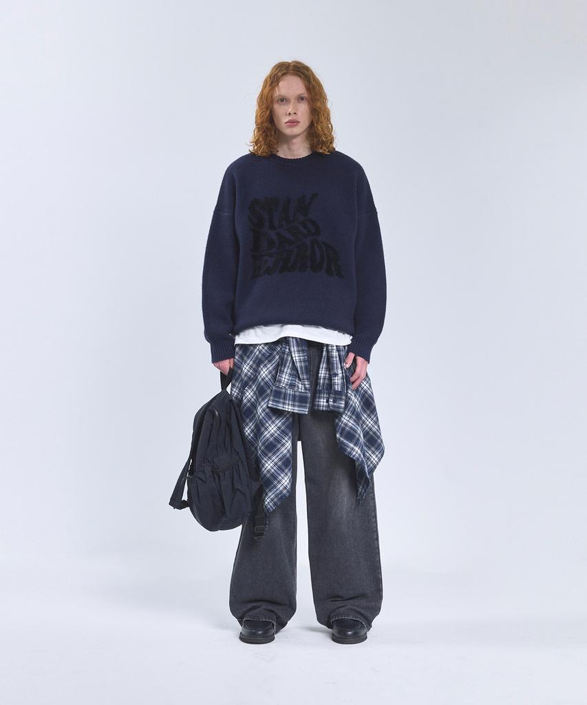 STANDARDERROR 87-Stan192 Pullover Brushed Lettering Jacquard Knit Navy