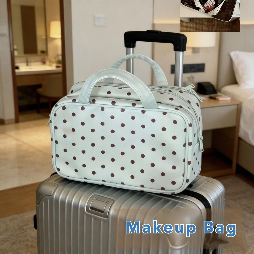 Portable Polka Dot Makeup Bag Large Capacity with Handle Cosmetic Bag Three Layer PU Travel Toiletry Bag