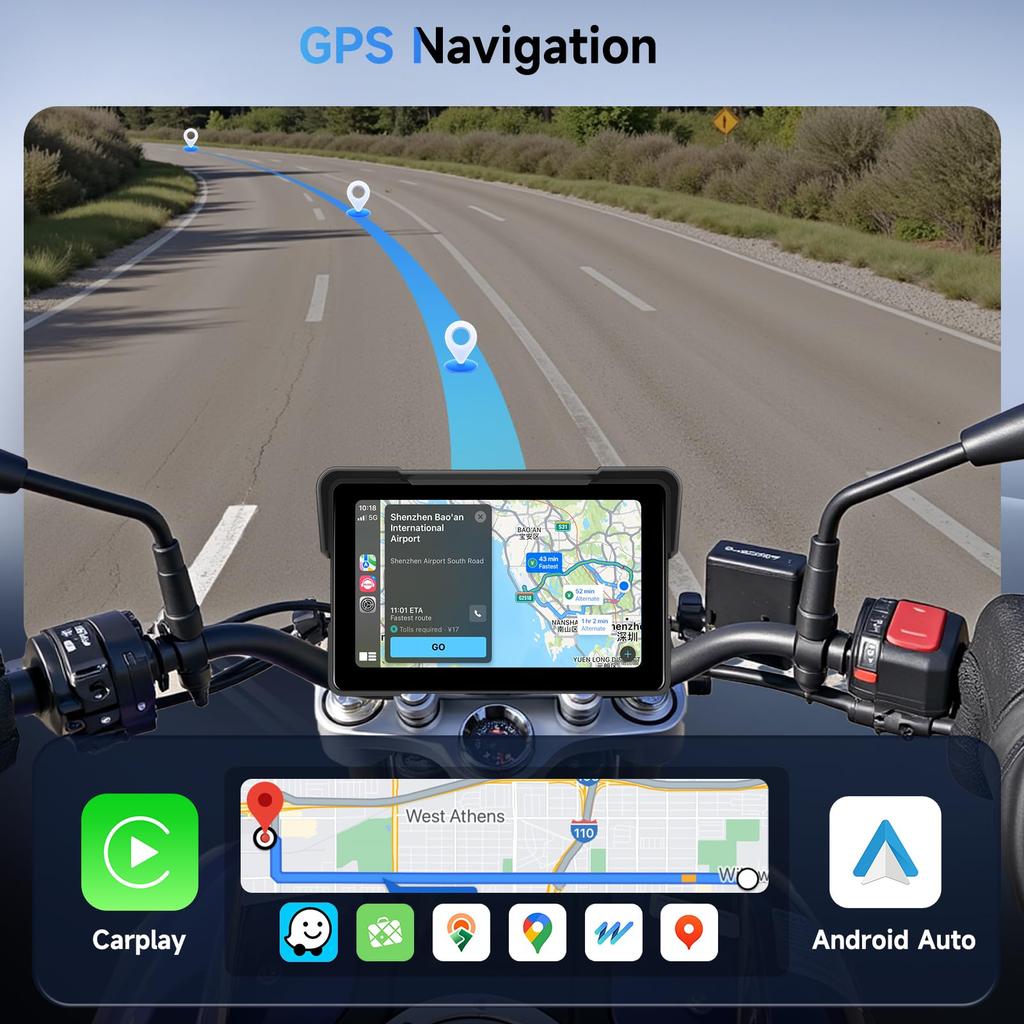 HD Waterproof Touchscreen Motorcycle CarPlay Monitor with Wireless CarPlay Android CarPlay GPS Android Bluetooth and Portable CarPlay Screen for