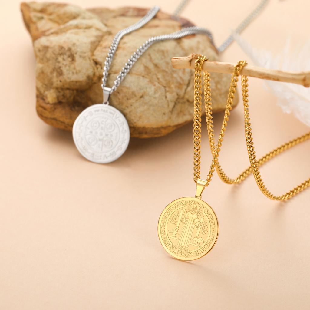 My Shape Saint Benedict Medal Pendant Necklace for Women Men Gold Plated Stainless Steel Round Double Sides Choker Jewelry Gifts