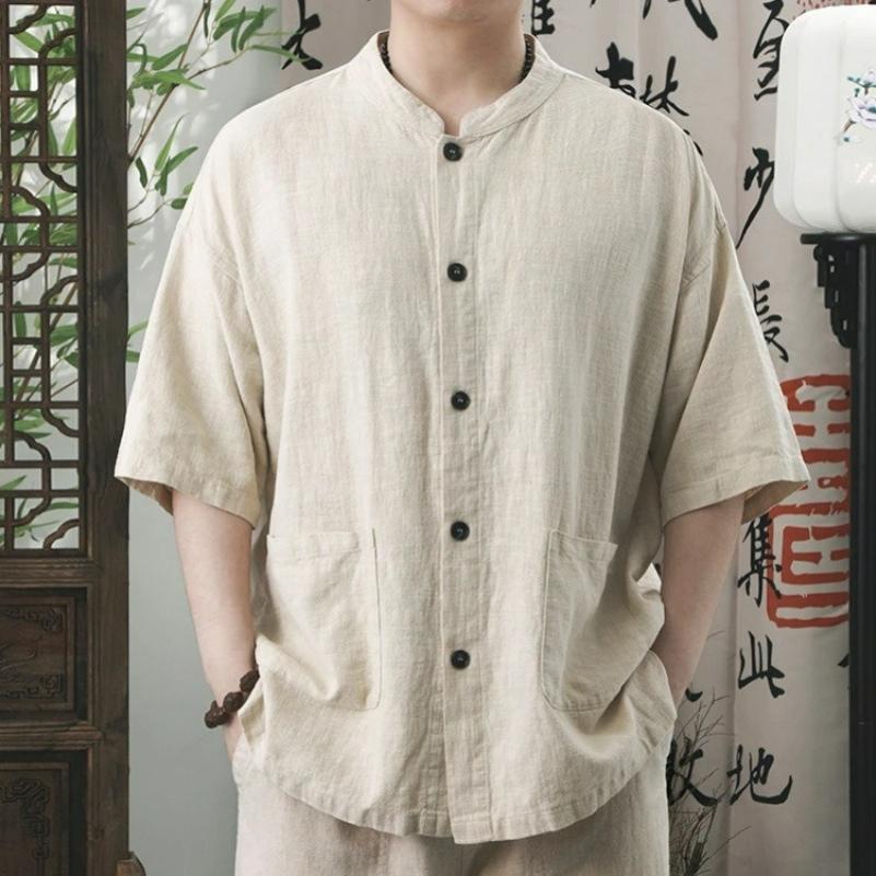 

Men s Summer Cotton and Linen Short-sleeved Shirt Casual Simple Loose All-match Chinese Retro Stand-up Collar Men s Top 4XL абрикосовий
