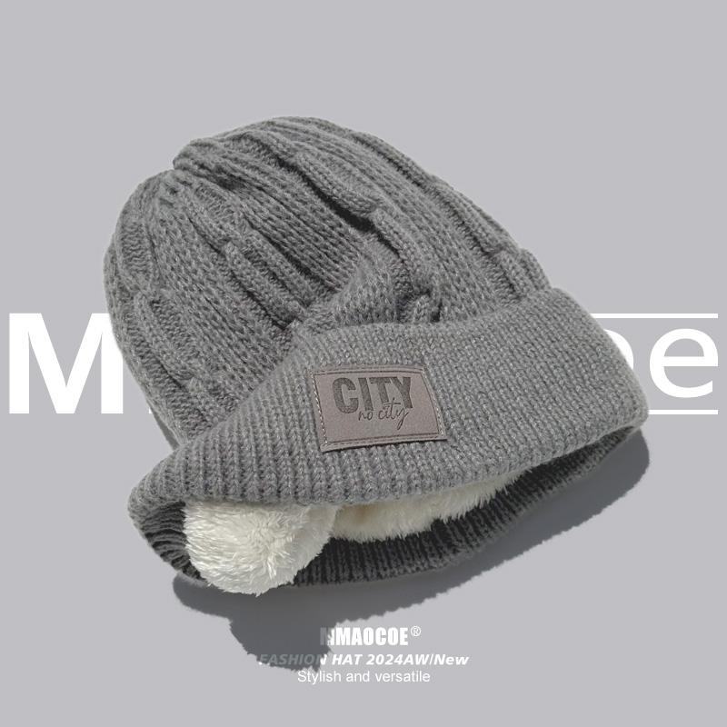

Knitted hat women s autumn and winter outdoor velvet thickened cold-proof pullover hat versatile warm ear protection wool hat men Adjustable