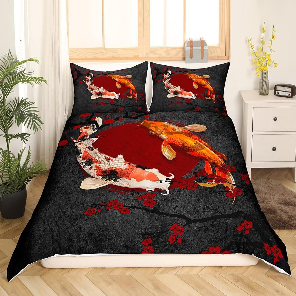 Koi Duvet Cover King Cherry Blossom Japanese Ukiyo-e Bedding Set Sakura Marine Animals Comforter Cover,Pink Romantic Quilt Cover