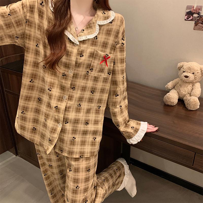 

Милая женская пижама с принтом вишни в клетку, винтажный кружевной комплект из 2 предметов, повседневная домашняя одежда XXL