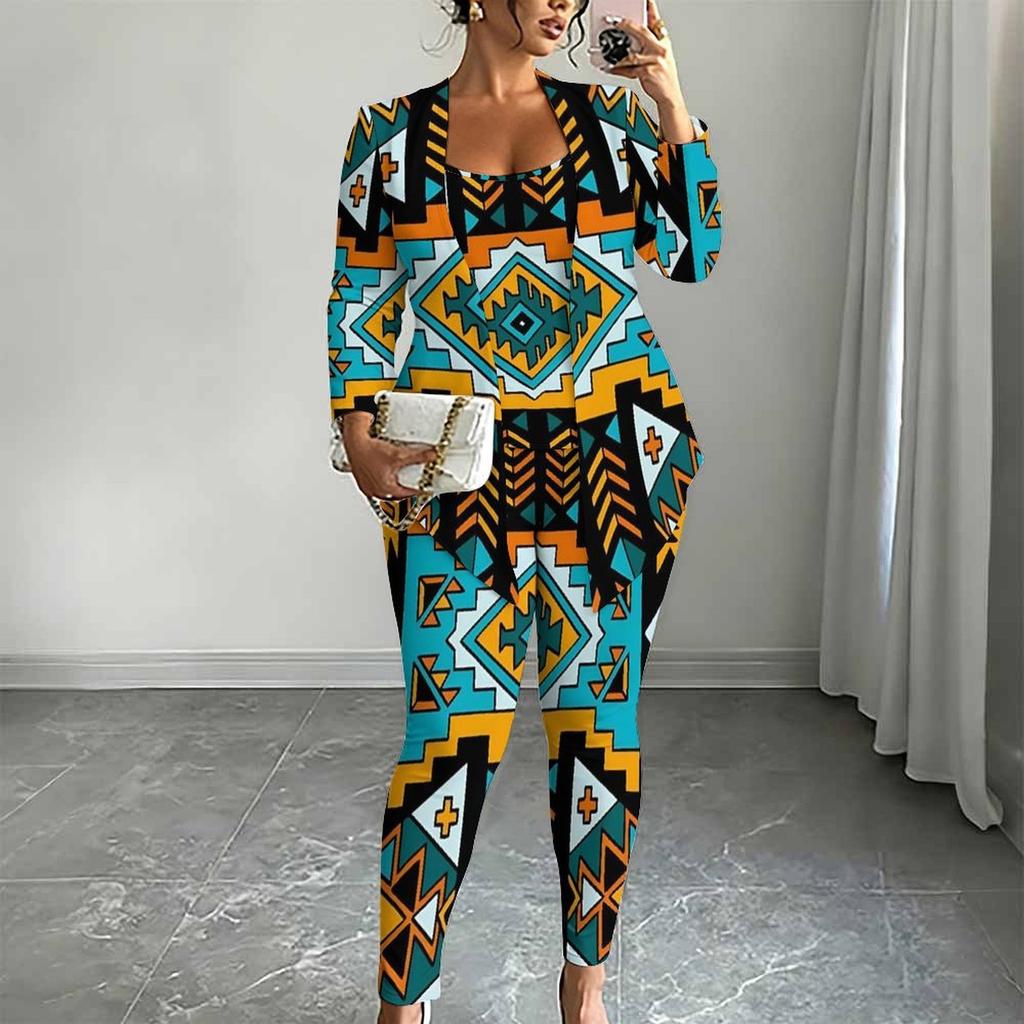 Plus Size Geometric Pattern Print 3 Piece Outfit, Long Sleeve Open Front Cardigan Cami Top Leggings Set for Women