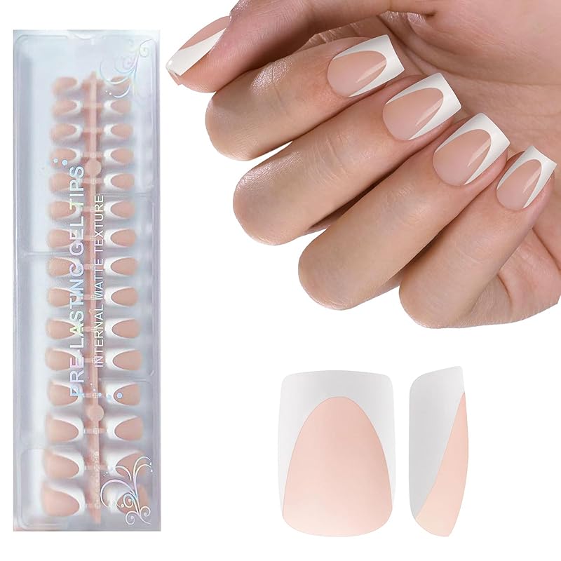 Milky Whit French Tip Press on Nails, 240Pcs French Press On Nail Short Square,Pre-Applied Primer & Top Coat,4 in 1 Gel Nail Tips Soak off Acrylic