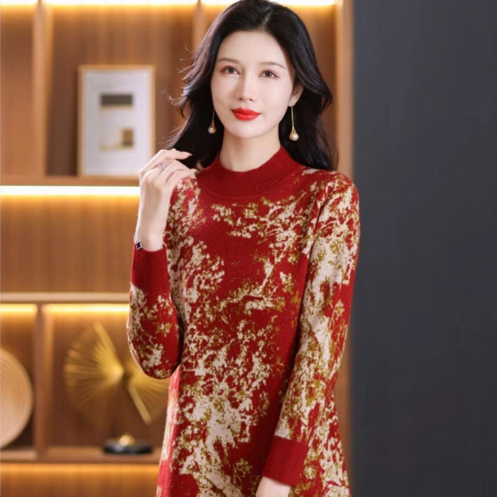 Mid-length Knitted Dress Loose Large-sized Floral Mid-length Sweater for Women Autumn and Winter Casual Long-sleeved Pullover