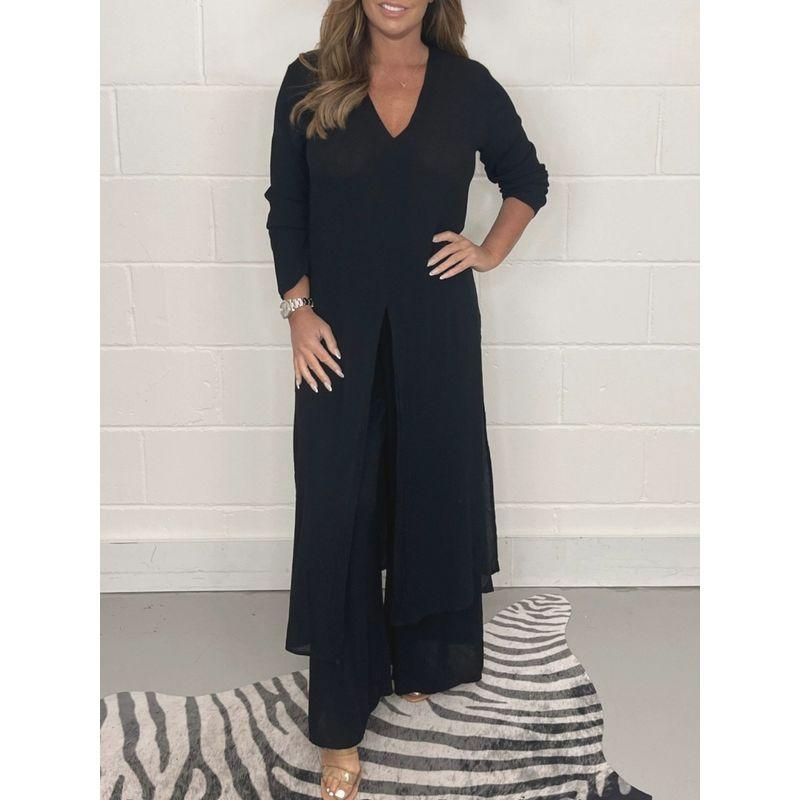 Plus Size Women's Clothing Chubby Girl Autumn New Fashion Solid Color and V-neck Split Long Sleeve Shirt Pants Two-piece Set Suit