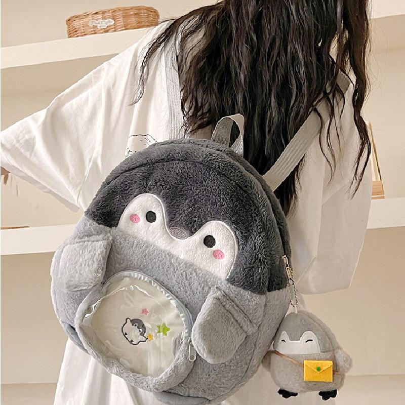 New Cartoon Embroidered Penguin Backpack Soft Velvet Material Cute Jk Girl Shoulder Bag