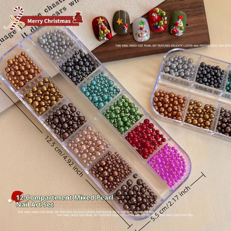 

’ 12 Grids Mixed Round Pearls Colourful Stereoscopic Nails Art Decoration Nail Rhinestones Nail Charm Nail Accessories DIY