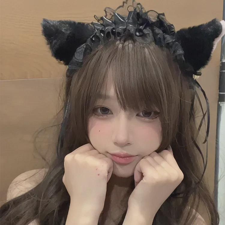 Schwarzes Spitzen-Stirnband mit Katzenohren und Glöckchen - Lolita-Haar-Accessoire