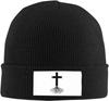 Black Knitted Beanie with Faith Over Fear  Cross Patch Religious Inspirational Winter Warm Skull Cap for Unisex Women