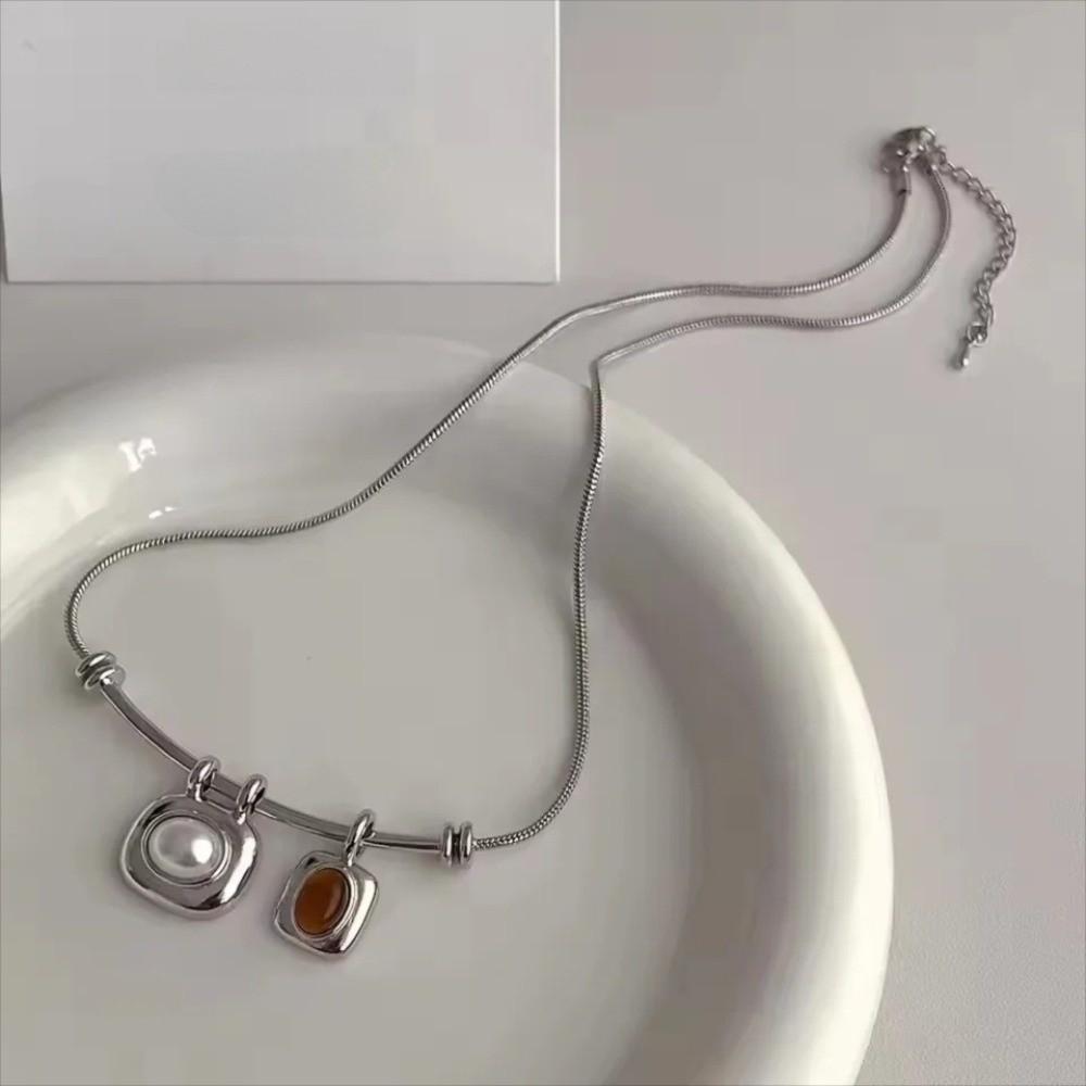 Imitation Pearl Tigereye Stone Pendant Necklaces Geometric Collarbone Necklace Women
