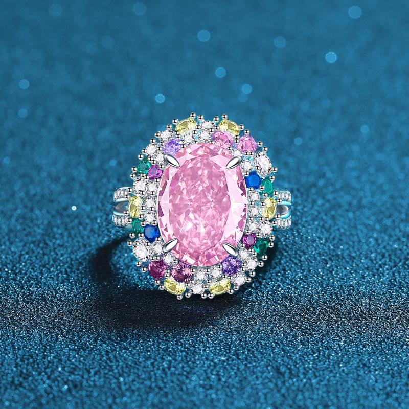 Hai Rui S925 Padparadscha Pink Diamond Egg-Shaped Open Ring - Women’s Luxury Sterling Silver Ring Adjustable Open Size