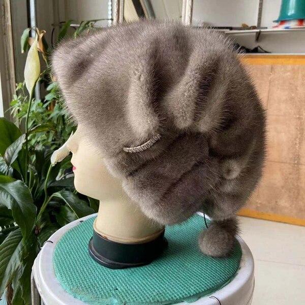 

Русская меховая шапка, зимние теплые шапки из натурального норкового меха для женщин, классические роскошные шапки-ушанки, рождественская шапка Adjustable(55-60cm) серый