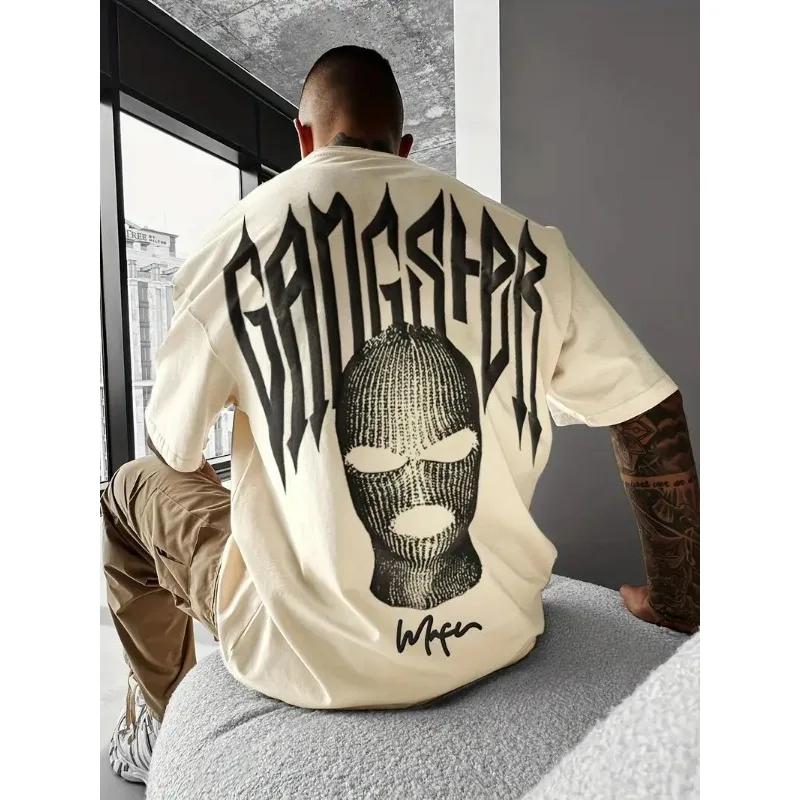 2025 Trendy High Street Masked Man Print Men's 100% cotton T-shirt, Oversized loose Harajuku short-sleeved top