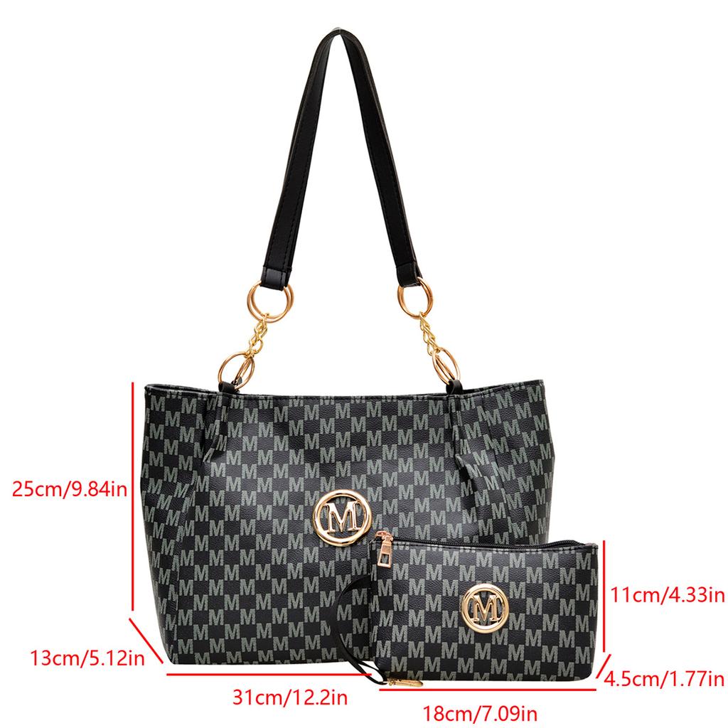 Women's Vintage M Logo Tote Bag Glossy Finish Large Capacity Zipper PU Detachable Pouch Easy Organize for Daily Commute Shopping