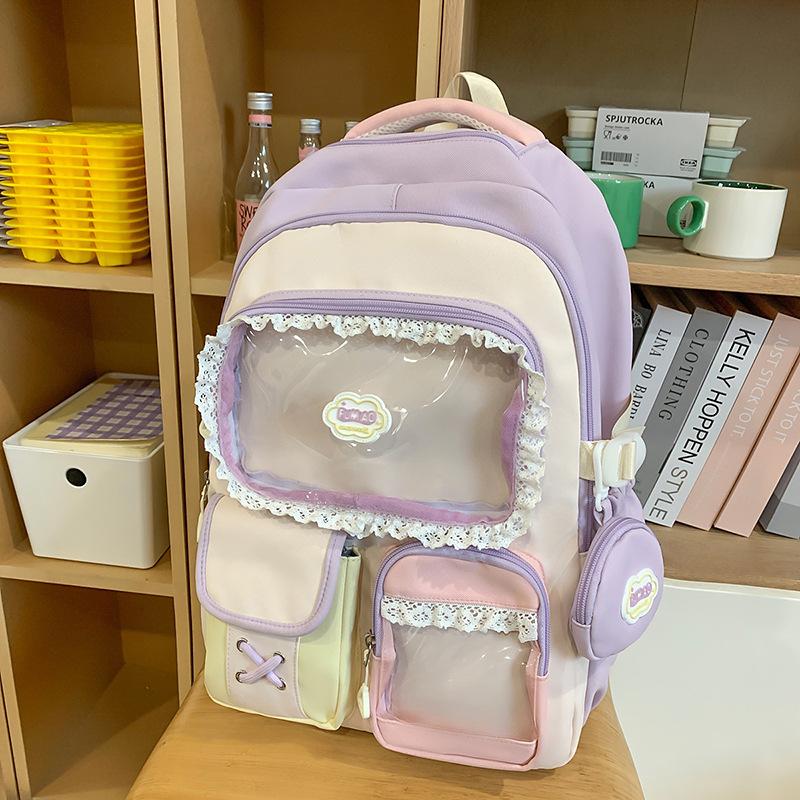 High value dopamine sweet contrasting color girl heart backpack college wind junior high school students multi-compartment backpack