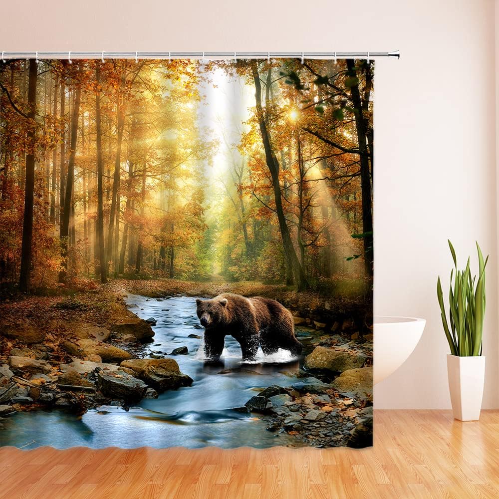 Rustic Bear Shower Curtain Farmhouse Lake Cabin Fall Autumn Forest Natural Scenery Outdoor Animals Hunting Wildlife Camping Vintage Country Lodge