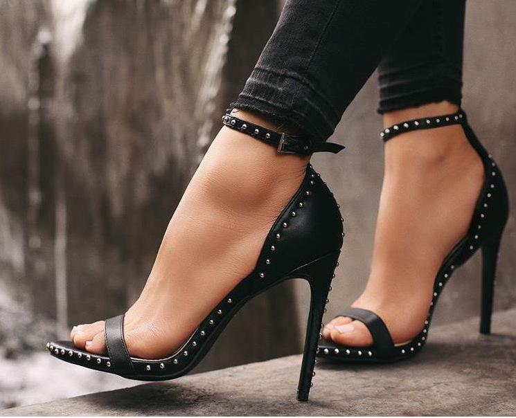 High Heels Summer Sandals Slim Heels Super High Heels Women's Shoes with Rivets Straight Stripes Sexy Sandals Women Luxury Shoes