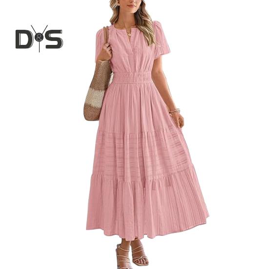 Women's Summer Maxi Dress Casual V-Neck Short Sleeve Tiered Flowy Dress Smocked Waist Pleated Long Dress