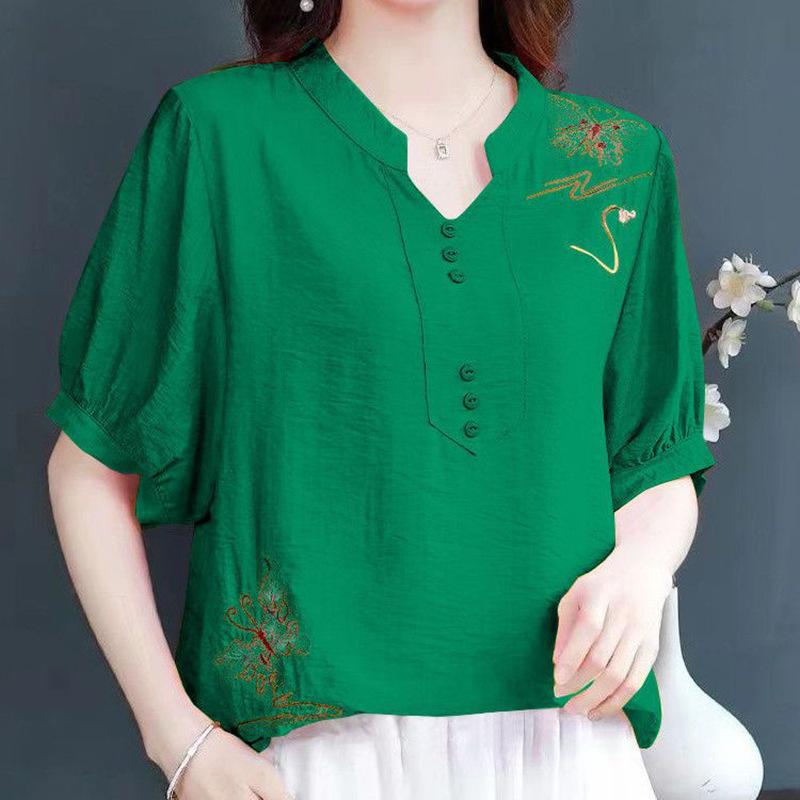 Dopamine Wear Literary Retro Summer New Top Cotton and Linen Short Sleeve Fashion Large Size Embroidery Versatile