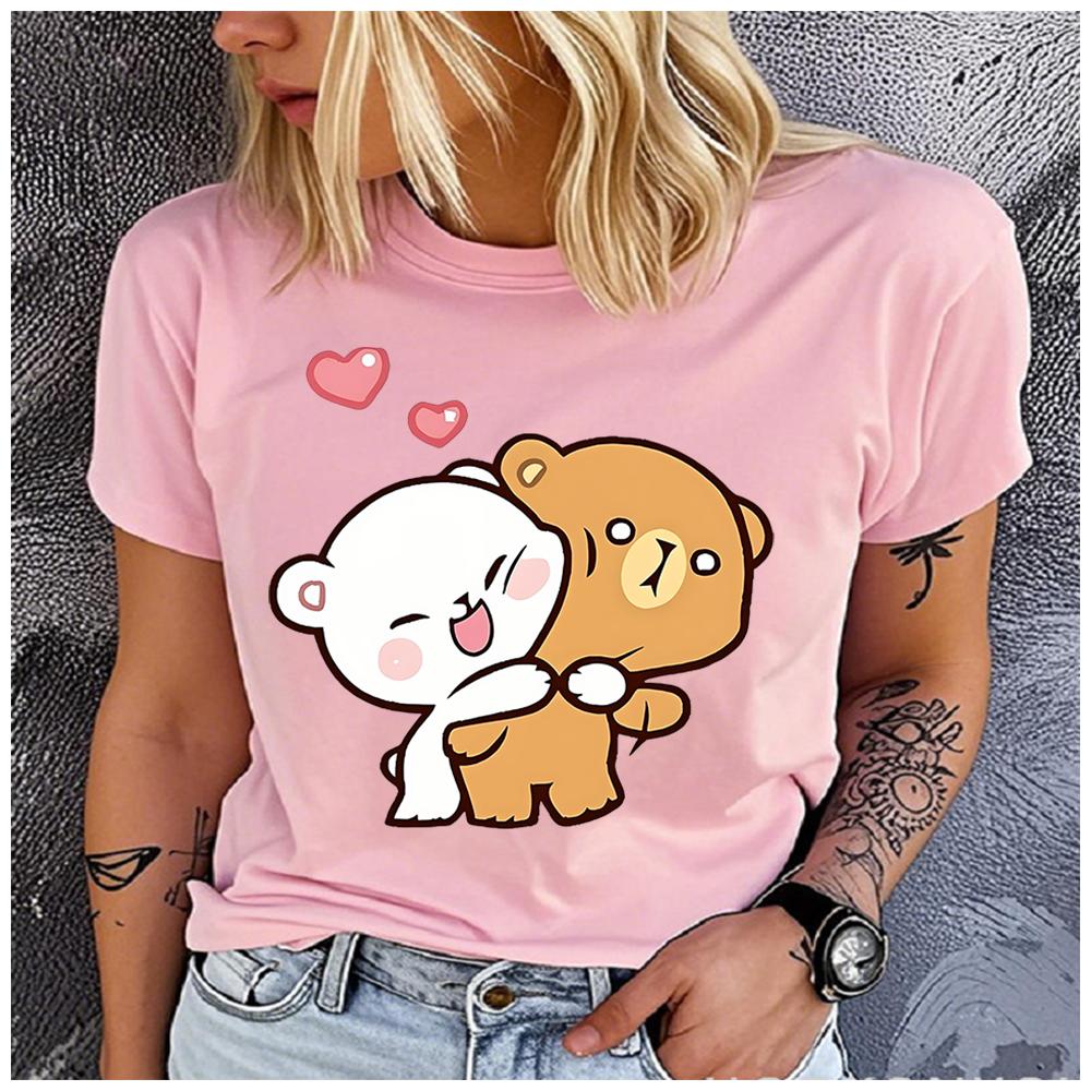 Unisex Polyester 100% Love Bear Print Loose Round Neck Casual Short Sleeve T-Shirt Fashion Summer Top