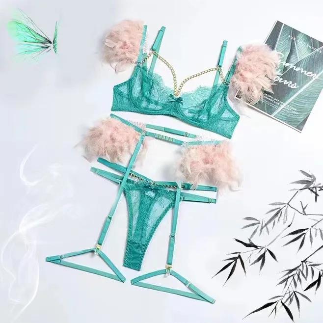 Sexy Metal Chain Lace Feather Lingerie Sets designed for Women Ultrathin Transparent Erotic Underwear 3 Piece Bra G-String Garter Sets
