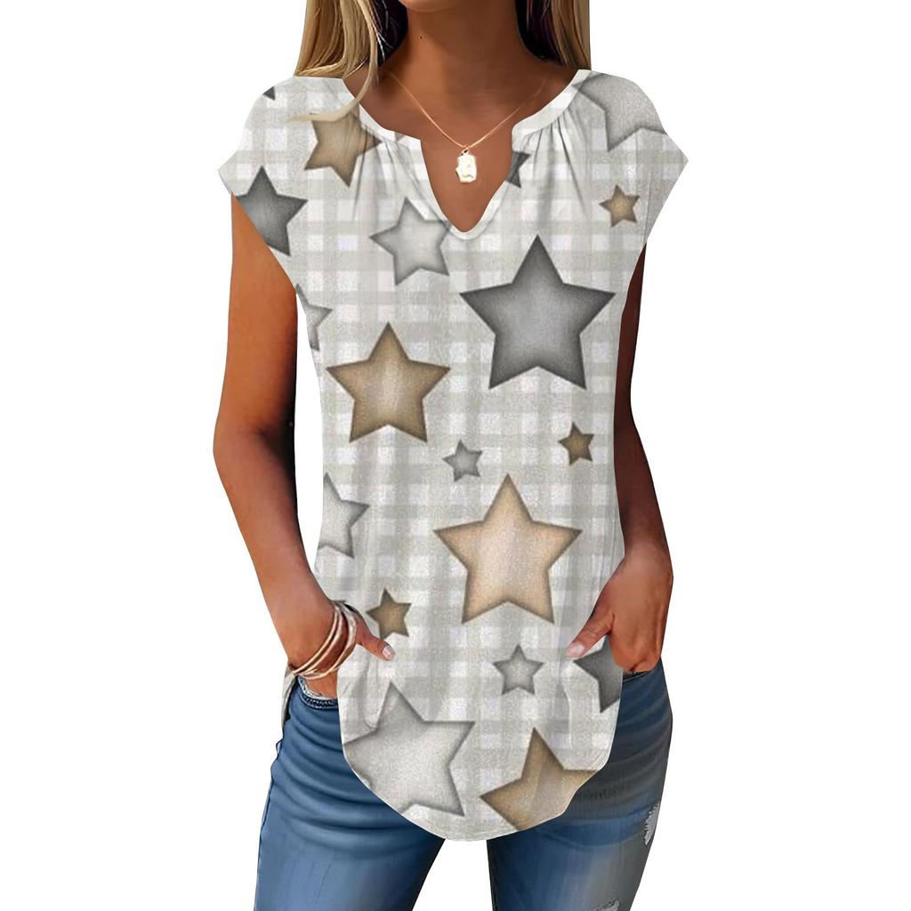 Summer Cap Sleeve T Shirts For Women Trendy Loose Casual Dressy V Neck Pleated Tunic Tank Tops