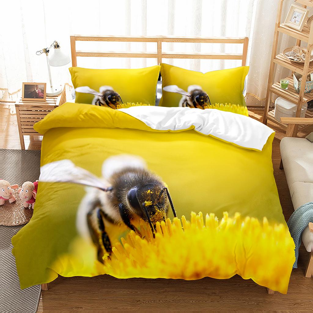 Yellow Bee Duvet Cover Collection Cartoon Wild Animals Pattern Quilt Cover With Pillowcase Lightweight Soft Gift King Queen Full Size