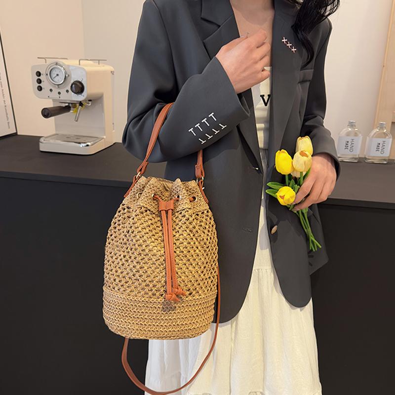 Yazlık Hasır Omuz Çantaları İpli Kadın El Dokuması Kova Çanta Rafya Örgü El Çantaları Günlük Tote Bayan Plaj Çapraz Askılı Çanta