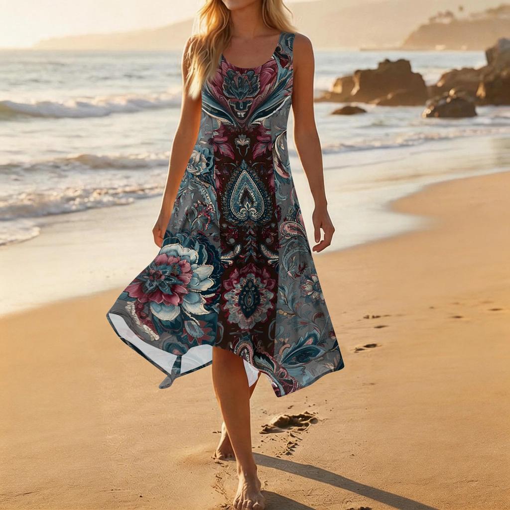 Sleeveless Casual Mid-Length Dress with Round Neck Irregular Hem Floral Print Comfortable Summer Dress for Women Beachwear