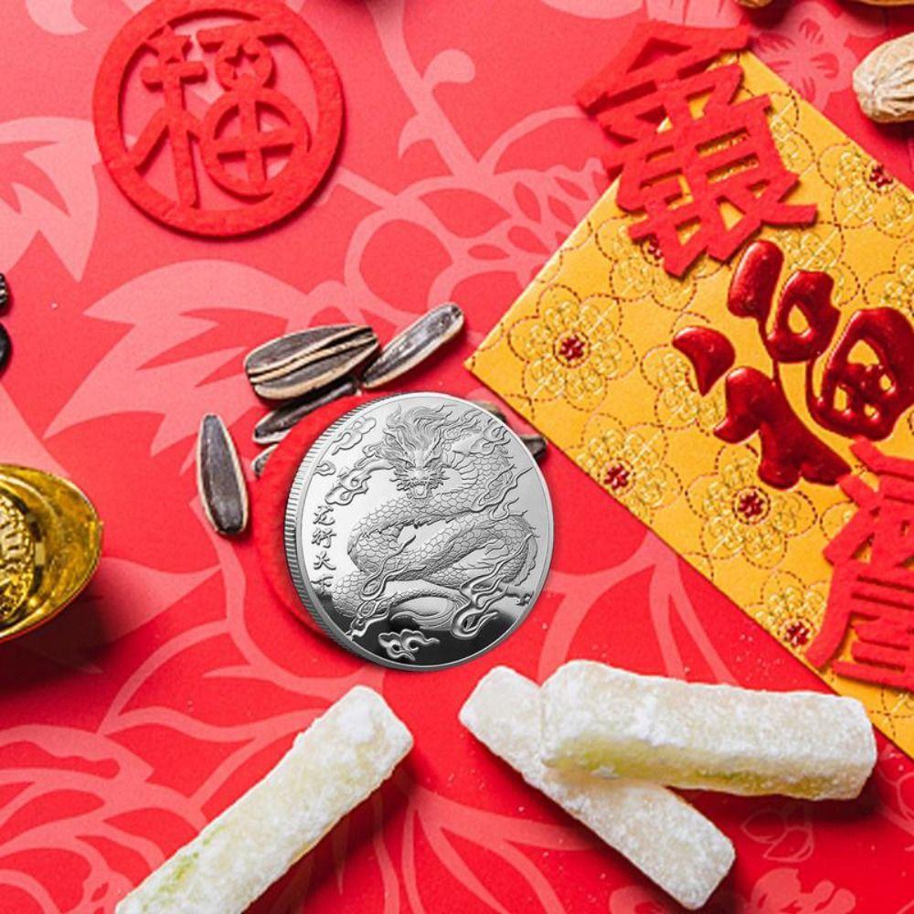 Double-Sided Dragon Embossed Coins Silver Plated Dragon Souvenir Coins New Year