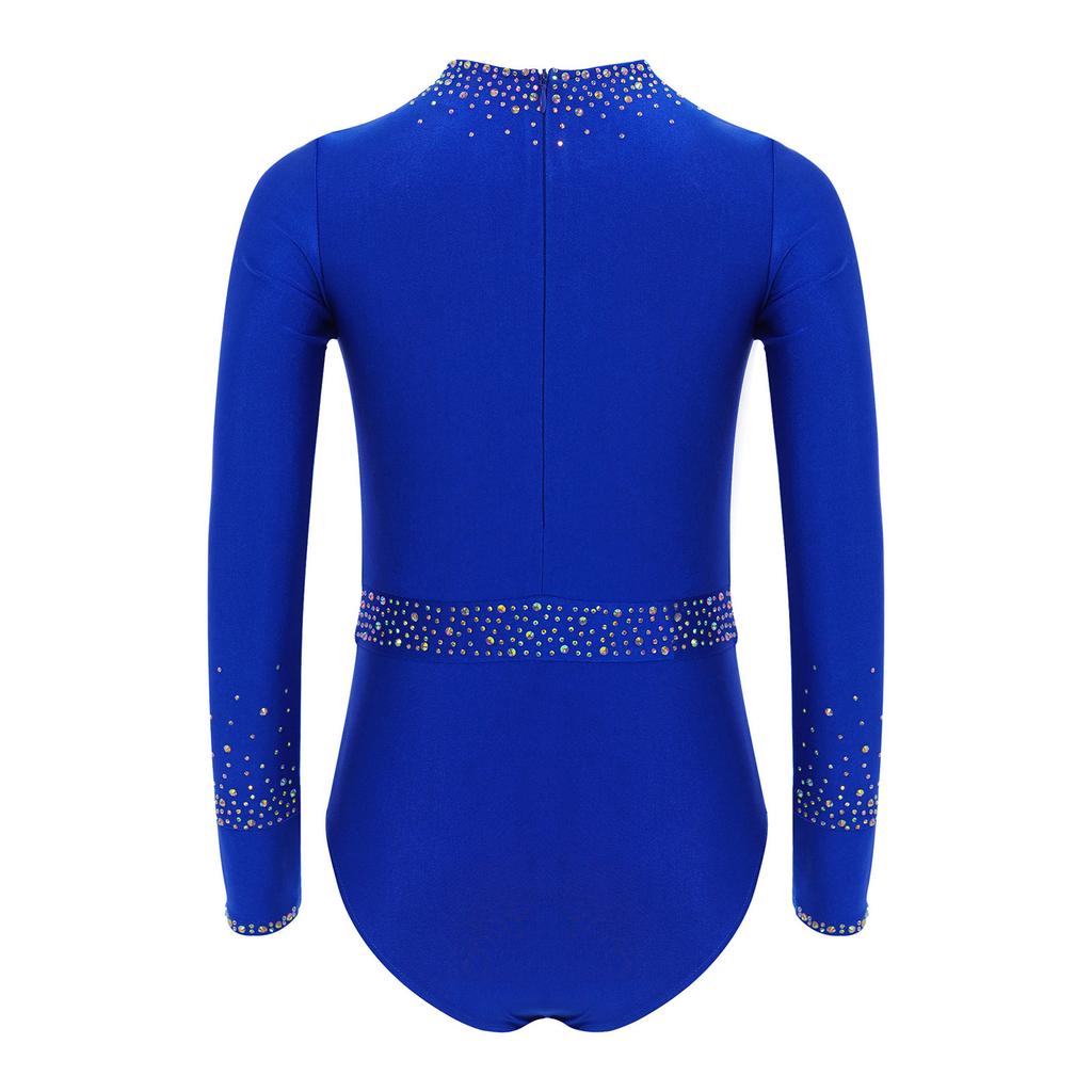 Girls Dance Bodysuit Long Sleeve Rhinestone Leotard with Back Zipper & Cutout for Performance
