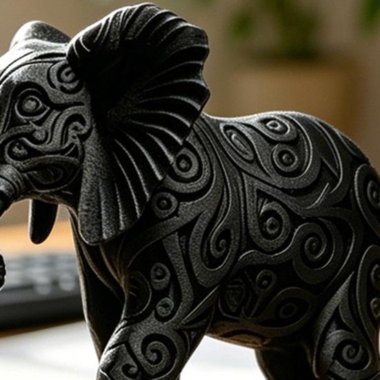 Black Elephant Figurine 3D Printed Elephant Ornament Tribal Style Elephant Statue for Home Table Desk Shelf