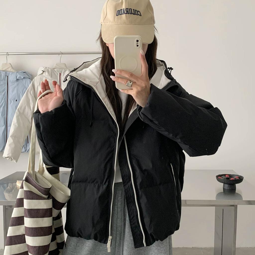 American retro winter new white duck down jacket women's tide brand contrasting color outdoor warm hooded jacket