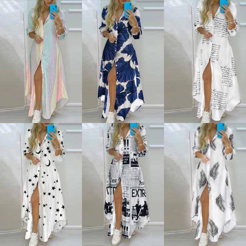 

Women s Printed Single-Breasted Slit Long Shirt Dress M