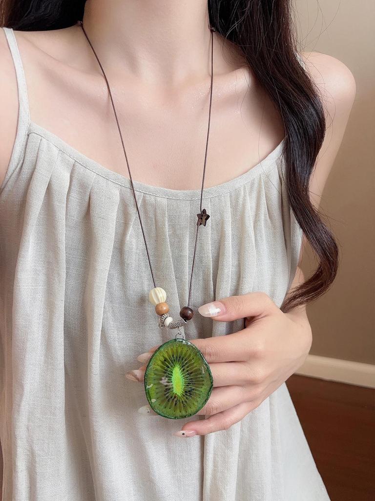 Spring & Summer Dopamine Fruit Slice Resin Drop Necklace – Women's Vacation Style Sweater Chain