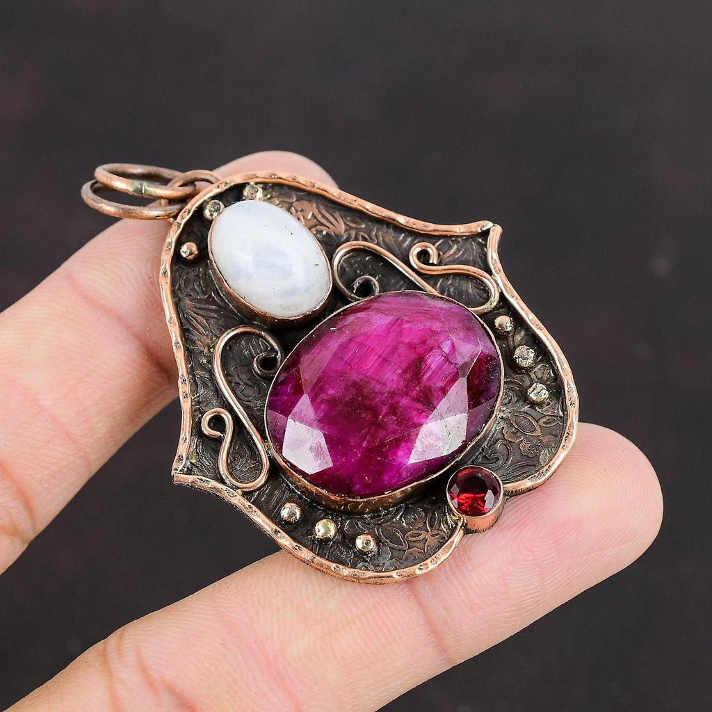 Faceted Kashmir Ruby Pendant Rainbow Moonstone Pendant Mozambique Garnet Pendant Copper Pendant Beautiful Gemstone Jewelry Handmade Pendant